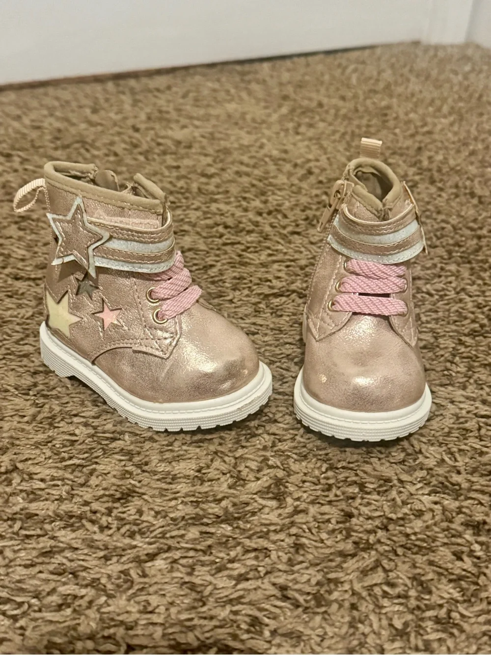 Rose Gold Metallic Star Accent Lace-Up Boots
